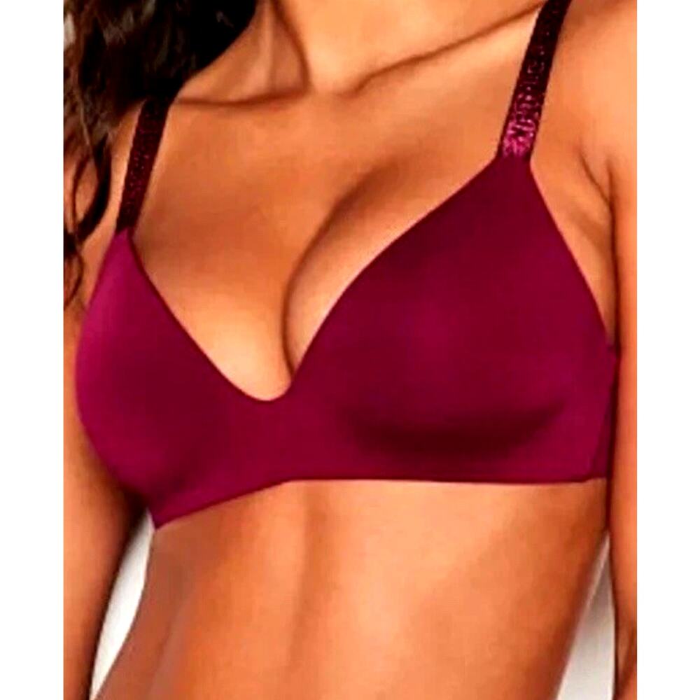 Victorias Secret T-Shirt Lightly Lined Wireless Bra 36D Burgundy Spell Out Strap